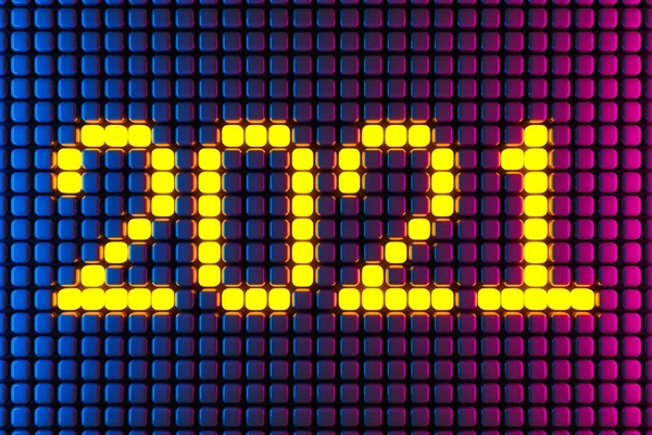 2021年的3D插图来自霓虹灯背景上的黄色小立方体 关于新年象征的说明 — 图库照片