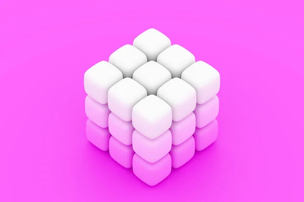 ピンク色の孤立した背景に小さな立方体のネオンホワイトキューブの3Dイラスト 仮想現実におけるサイバーキューブ 未来幾何学の概念 — ストック写真
