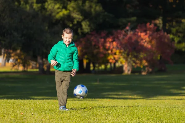 Liten Pojke Spelar Fotboll Med Fotboll Planen Höstparken Leende Glad — Stockfoto