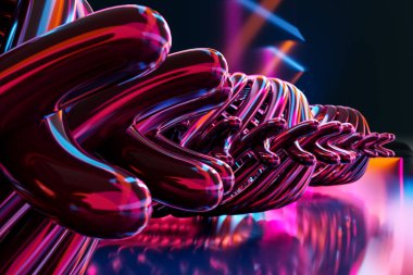 3D tasviri, pembe ve mavi renklerde sıradışı bir metalden yapılmış neon tekerleğin yakın çekimi. Çok renkli metal formları, mekanizma örnekleri. Alışılmadık çit