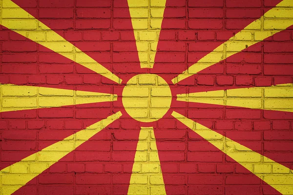 Drapelul Național Macedoniei Înfățișează Culori Vopsea Zid Vechi Cărămidă Steag — Fotografie, imagine de stoc