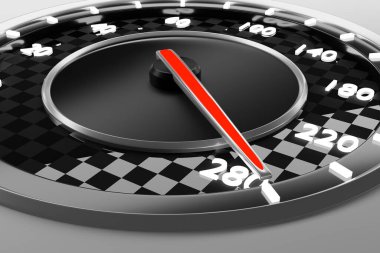 3D illüstrasyon siyah araba panelini kapatır, dijital hız göstergesi spor tarzında. Hız göstergesi iğnesi maksimum hızın 220 km / saat olduğunu gösteriyor.