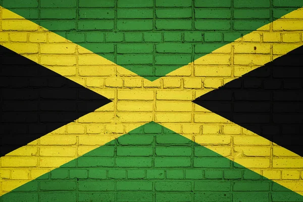 Nationale Vlag Van Jamaica Afgebeeld Verf Kleuren Een Oude Bakstenen — Stockfoto