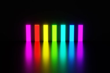 Gökkuşağı renklerinin 3 boyutlu illüstrasyon dikdörtgenleri parlak ışıkla parlar ve siyah izole arkaplandaki zeminden yansıtır. Sihirli dünyaya açılan fantezi kapılar