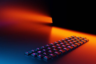 3D illüstrasyon, gerçekçi bilgisayarın veya dizüstü bilgisayarın siyah arka planda neon turuncu ışığı olan klavyesini kapatın. LED arka ışıklandırmalı klavye çalma
