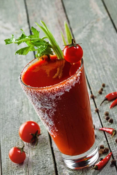 Glass Classic Bloody Mary Cocktail Rustic Wooden Table Delicious Alcoholic — Stock Photo, Image