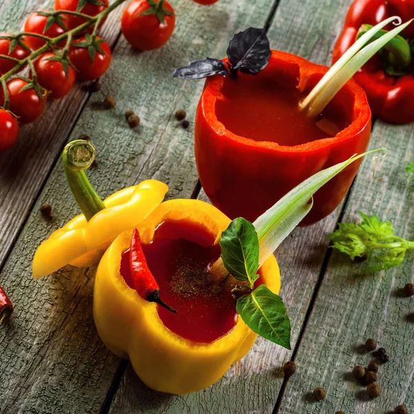 Bloody Mary Cocktail Yellow Red Sweet Bell Peppers Rustic Wooden — Stock Photo, Image