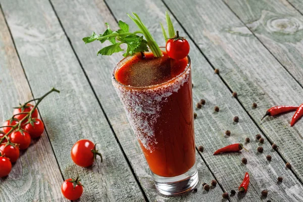 Glass Bloody Mary Wooden Table Delicious Alcohol Cocktail Made Tomato — Stock Photo, Image