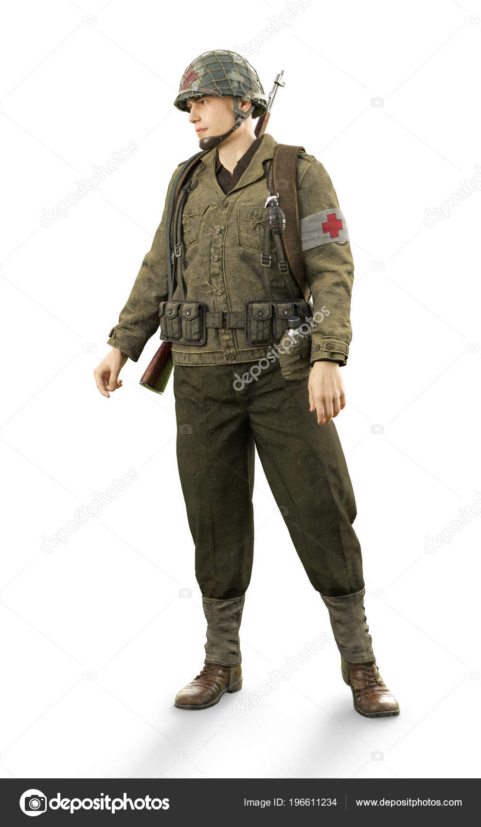 Portrait D'un Infirmier Combat Masculin Uniforme Seconde Guerre