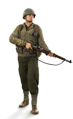 Bir üniformalı erkek Dünya Savaşı 2 savaş portresi izole beyaz arka plan üzerinde asker. 3D render
