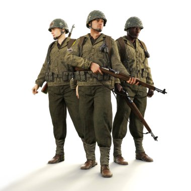 Üniformalı Dünya Savaşı 2 Amerikan savaş askerler izole bir beyaz arka plan üzerinde bir takım portresi. 3D render