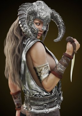Fantezi rouge savaşçı kadın kask ve degrade arka plan üzerinde hançer ile poz. 3D render illüstrasyon.