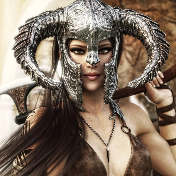 Beautiful Deadly Fantasy Warrior Female Wearing Traditional Barbarian Style Costume — Stock Photo, Image