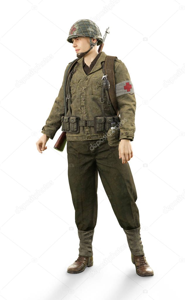 Portrait of a uniformed male world war 2 combat medic on an isolated white background. 3d rendering