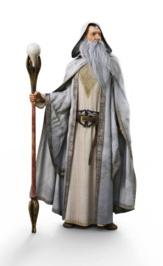 A white wizard with staff on an isolated white background. 3d rendering clipart