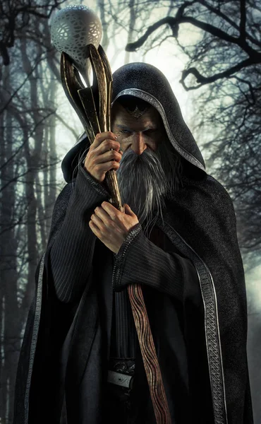 Evil Warlock Posing Enchanted Dark Forest Rendering — Stock Photo, Image