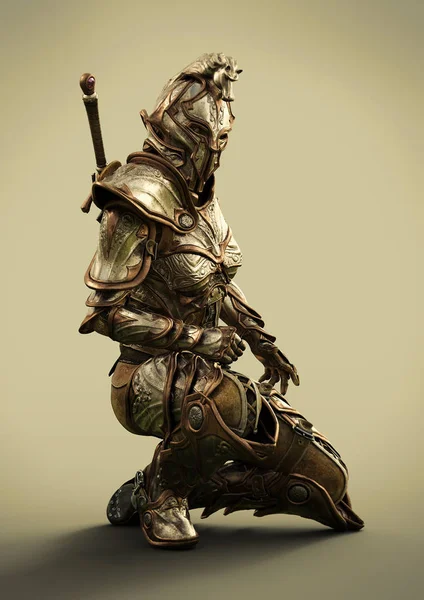Side Profile Female Fully Armored Ornamental Knight Rendering — Stock Photo, Image