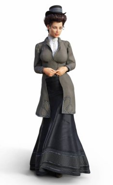 Zarif kadın izole bir beyaz arka plan üzerinde geleneksel zamansız Viktorya dönemi kıyafetleri giymiş. 3D render 