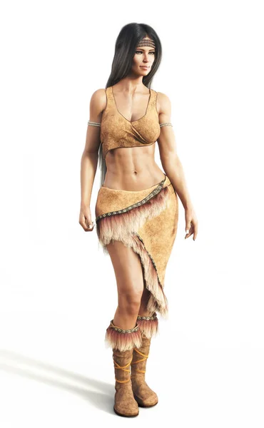 Retrato Uma Mulher Nativa Americana Vestindo Vestido Tradicional Fundo Branco — Fotografia de Stock