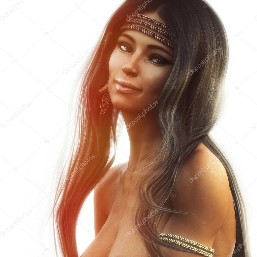 Portrait of a stunning topless native American female with long brown frosted hair wearing traditional headdress. 3d rendering