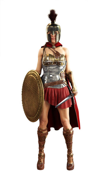 Portrait of a Greek Spartan female warrior equipped for battle with a sword and shield on a white isolated background. 3d rendering.