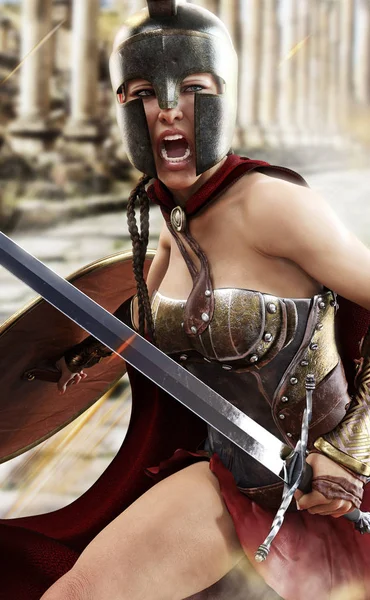 Fighting Valor Spartan Female Engaged Battle Defending Her Homeland Rendering — Stock Photo, Image