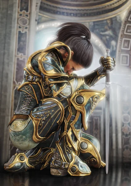 Female Warrior Knight Kneeling Proudly Wearing Decorative Ornamental Armor Rendering — Stock Photo, Image