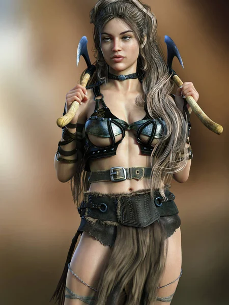 Portrait Posing Barbarian Female Wielding Two Axes Gradient Background Rendering — Stock Photo, Image