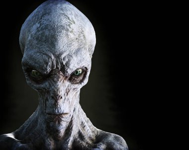 Metin veya kopya alanı için oda karanlık bir arka plan üzerinde dünya dışı bir yabancı erkek portresi. 3D render
