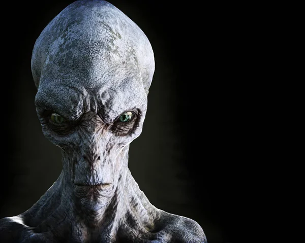 Ritratto Alieno Maschio Extraterrestre Sfondo Scuro Con Spazio Testo Copia — Foto Stock