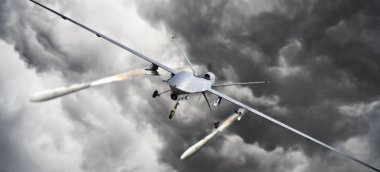 Bir insansız hava aracı (İHA) askeri drone ateş füze önden görünümü bir hedefe roketler. 3D render