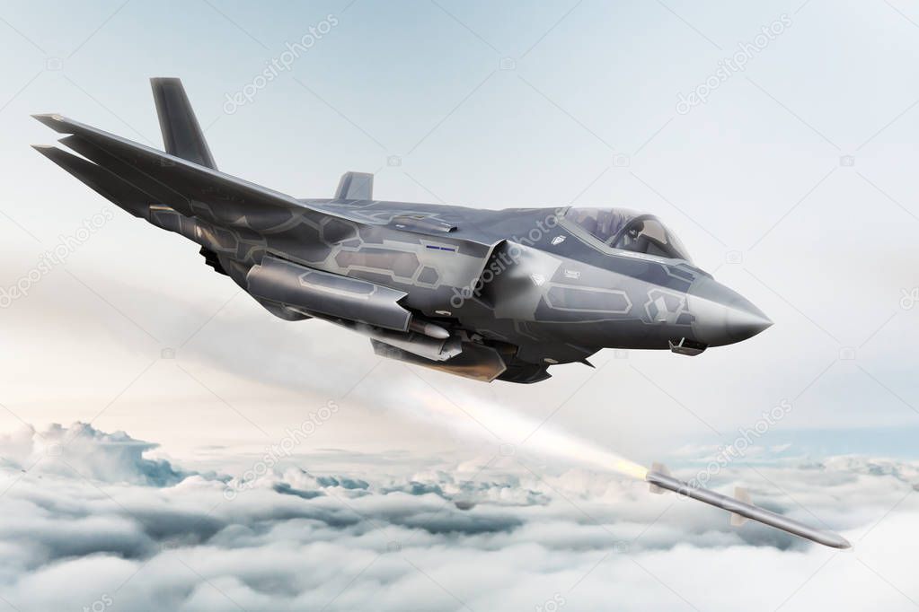 F-35 Advanced military aircraft locking on target and firing Missile's . 3d rendering