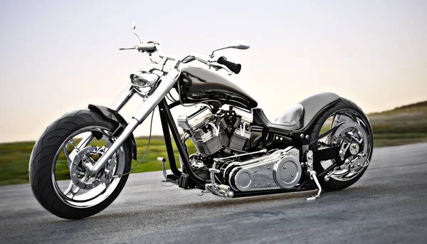 Custom Black Motorcycle Open Road Rendering — Stock Photo, Image