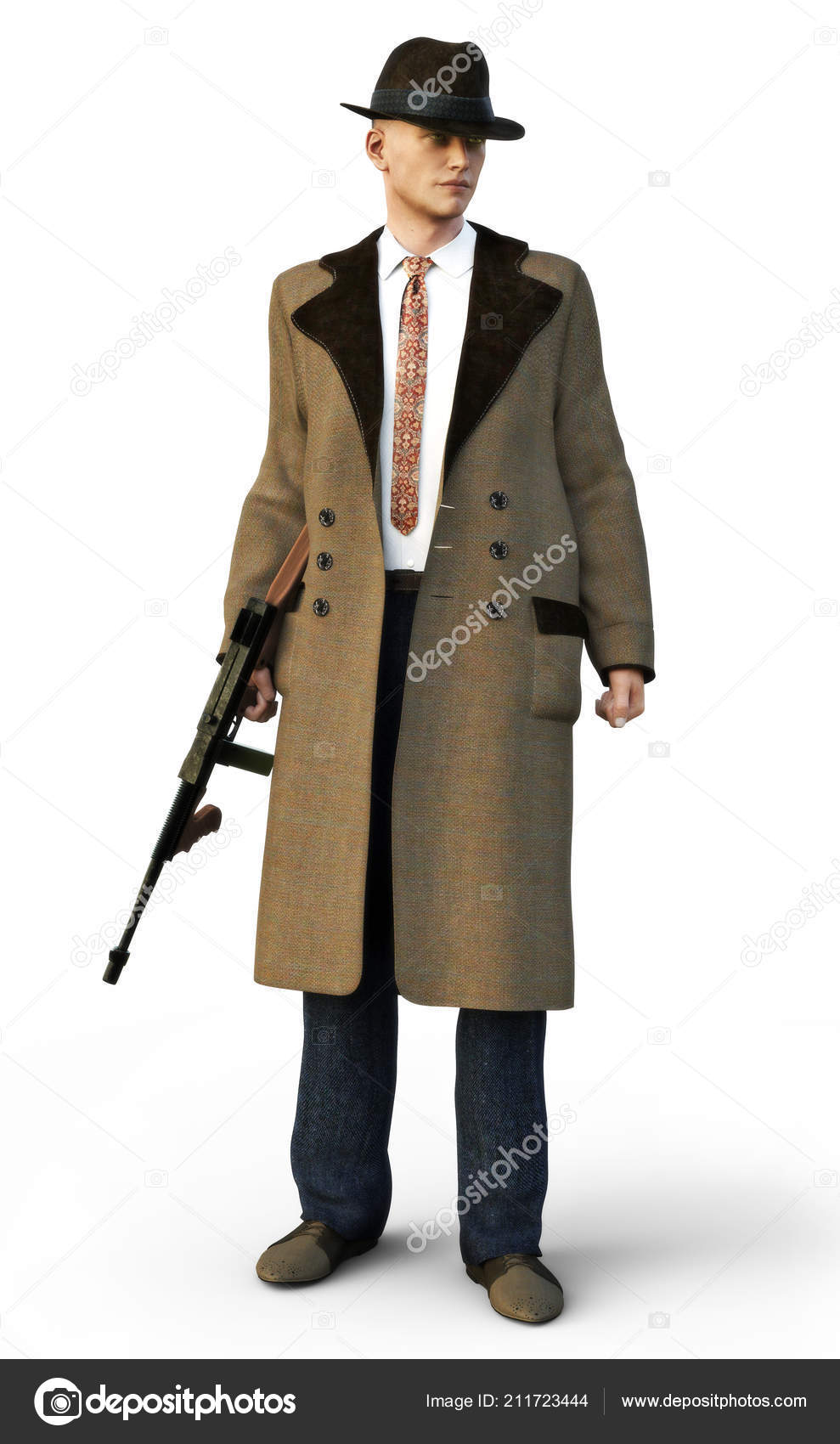 Mafia Gangster Wearing Traditional Clothing Machine Gun Isolated White  Background Stock Photo by ©digitalstorm 211723444