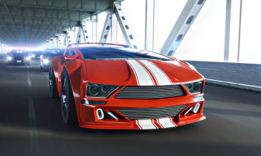 High speed police chase of a Generic exotic sports car over a long bridge. 3d rendering clipart