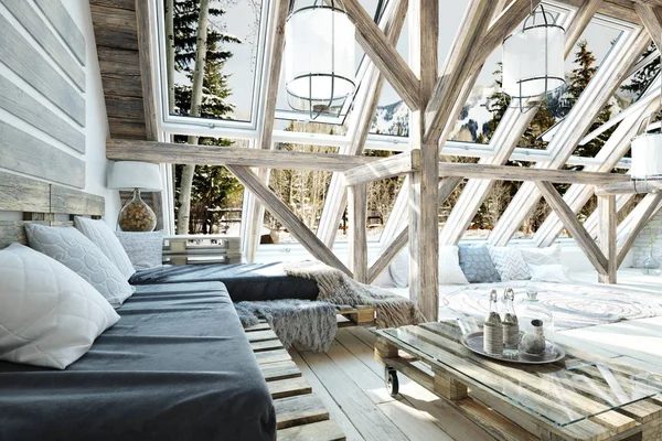 Rustic open floor interior room concept design with winter scenic background. 3d rendering