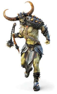 Savage Orc Brute leader running into battle wearing traditional armor and equipped with a flail  . Fantasy themed character on an isolated white background. 3d Rendering clipart