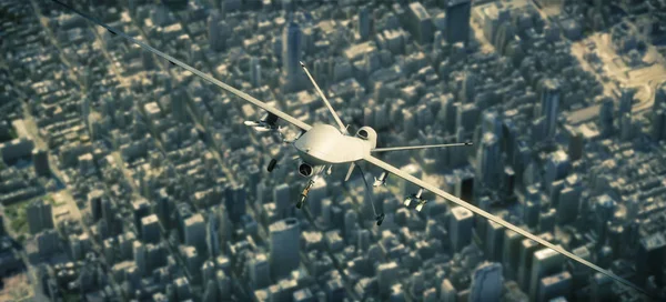 Fegyveres Uav Felderítő Támadó Drone Repülő Magas Nagyvárosi Város Felett — Stock Fotó