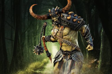 Savage Orc Brute running into battle wearing traditional armor and equipped with a flail weapon . Fantasy themed character. 3d Rendering clipart