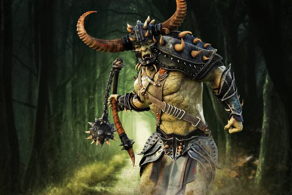 Savage Orc Brute Running Battle Wearing Traditional Armor Equipped Flail — Stock Photo, Image