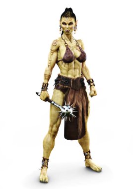 Savage Orc female holding a flail. Fantasy themed character on an isolated white background. 3d Rendering clipart