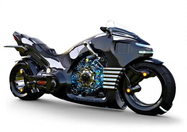 Futuristischer Abgewinkelter Lichtzyklus Motorrad Steht Auf Einem Isolierten Weißen Hintergrund — Stockfoto