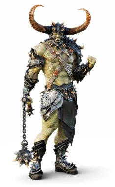 Savage ork lideri savaşçı geleneksel zırh giyen. Fantastik temalı karakter izole beyaz arka plan üzerinde poz. 3D render