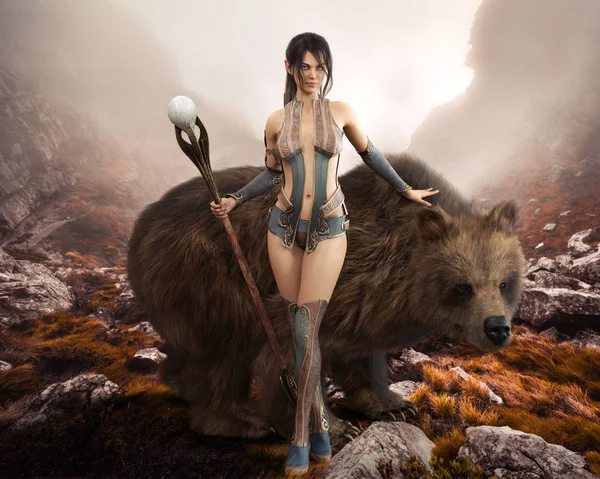 Fantasy Elegant Druid Female Devoted Nature Posing Her Magical Staff — Stock Photo, Image