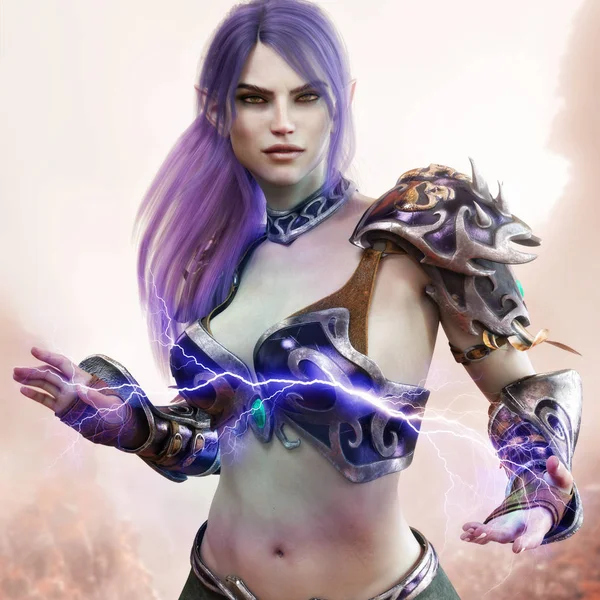 Portrait of a fantasy dark elf female warlock displaying her mystic power. 3d rendering . Fantasy background