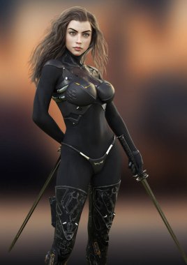 Fütüristik kadın savaşçı mücadele için hazır poz düello kılıç holding. 3D render