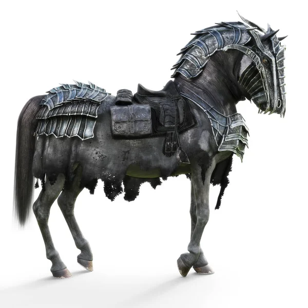 ポーズの側面装甲分離の白い背景の上の戦争の馬です レンダリング — ストック写真