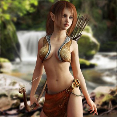 Onun efsanevi ormanı içinde poz fantezi genç kırmızı başlı ahşap elf. 3D render
