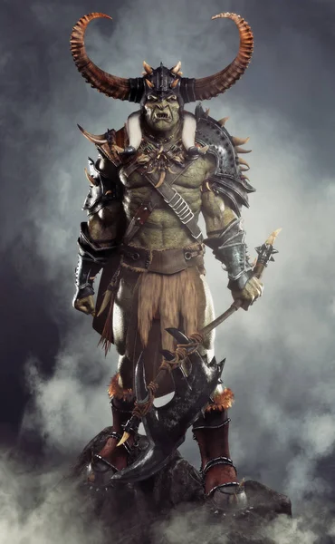 Savage Orc Brute Leader Posed Rock Outcrop Wearing Traditional Armor — Stock Photo, Image