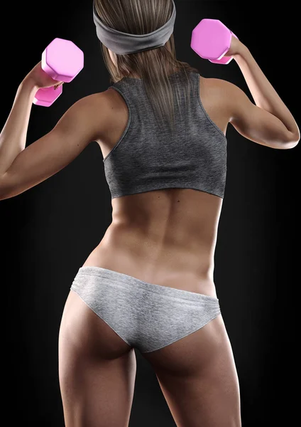 Fit Weiblich Posiert Ihr Hinterteil Mit Gewichten Auf Schwarzem Hintergrund — Stockfoto